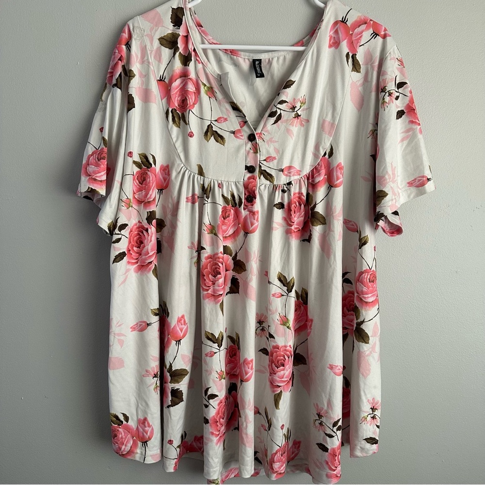 3xl floral short sleeve blouse Allegrace Women’s pink white top 3x shirt - Picture 1 of 7